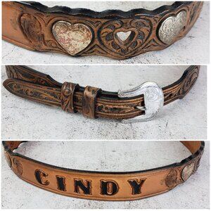 Vintage Silver Creek Western Tooled Leather Belt Heart Conchos CINDY Brown Boho